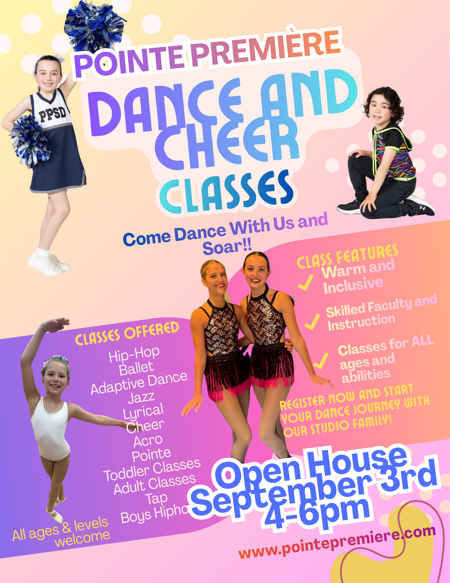 Join us for an Open House at Pointe Premiere on Thursday, September 3, from 4 to 6 PM! Explore the studio, meet our wonderful faculty, and enjoy some fun activities.